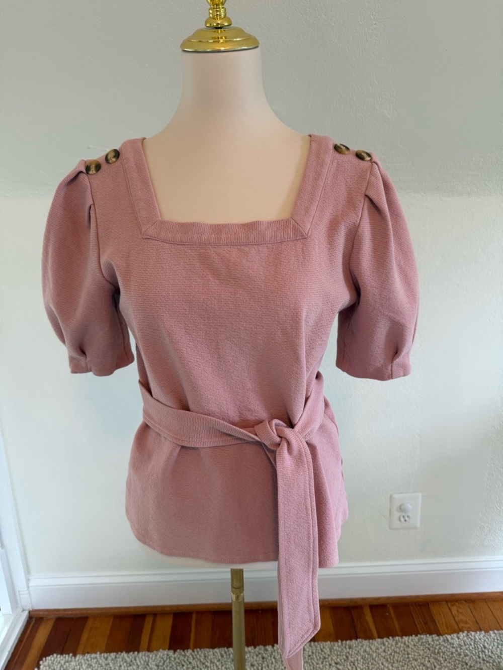 Anthropologie Current Air Dusty Rose Square-Neck Tie-Waist Blouse Size Small